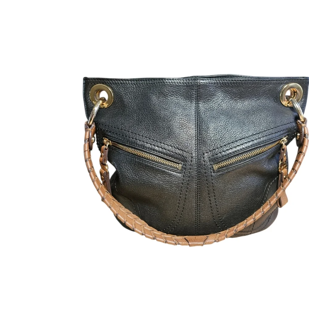 B. Makowsky Pebbled Leather Handbag Black Hobo Brown Accents